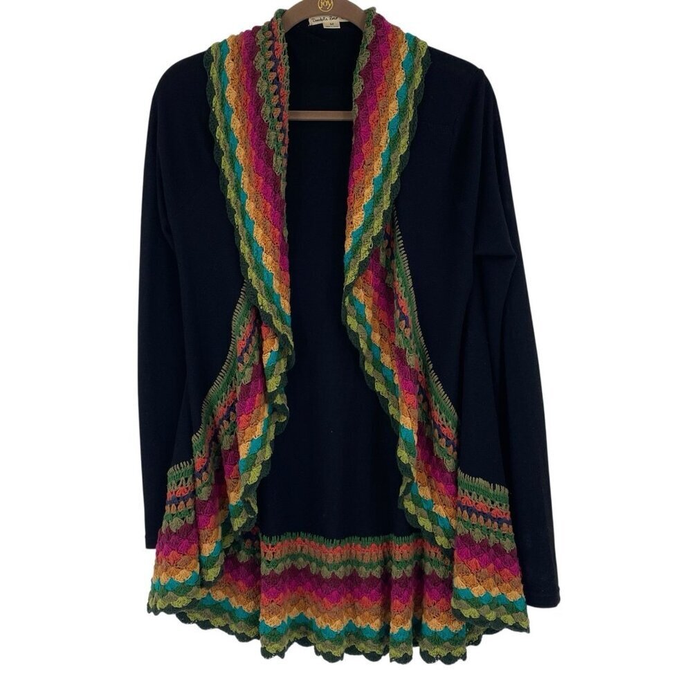 Double Zero Women's M Colorful Crochet Trim Cardigan Sweater 70’s Boho Hippie